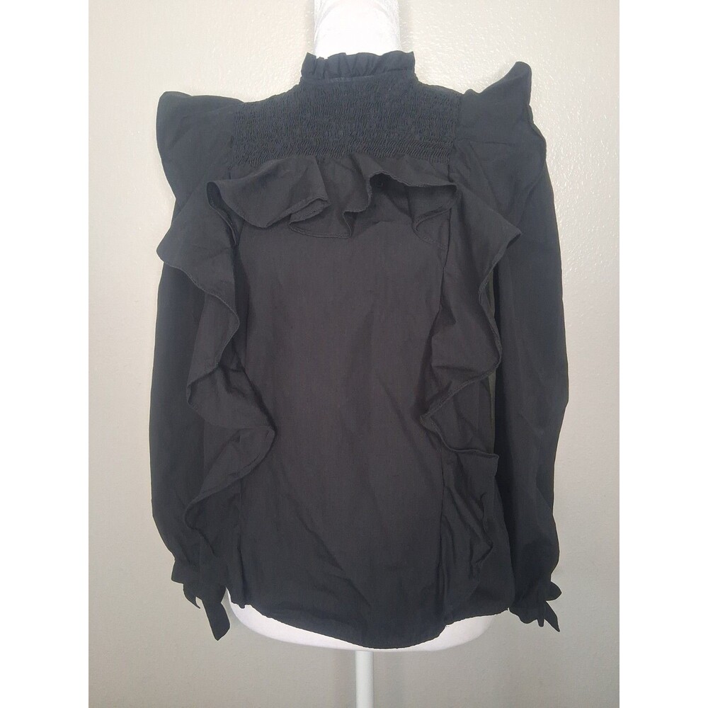 Zara Black Blouse Ruffle Smocked Detai Long Tie Sleeve Top Cotton Size XS